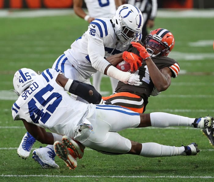 Indianapolis Colts defensive end Ben Banogu (52) tackles Cleveland Browns wide receiver Donovan Peoples-Jones (11) during the third quarter of the NFL week 5 game at First Energy Stadium in Cleveland, Ohio, on Sunday, Oct. 11, 2020. The Browns won, 32-23.
Indianapolis Colts At Browns At First Energy Stadium In Nfl Week 5 Cleveand Ohio Sunday Oct 11 2020